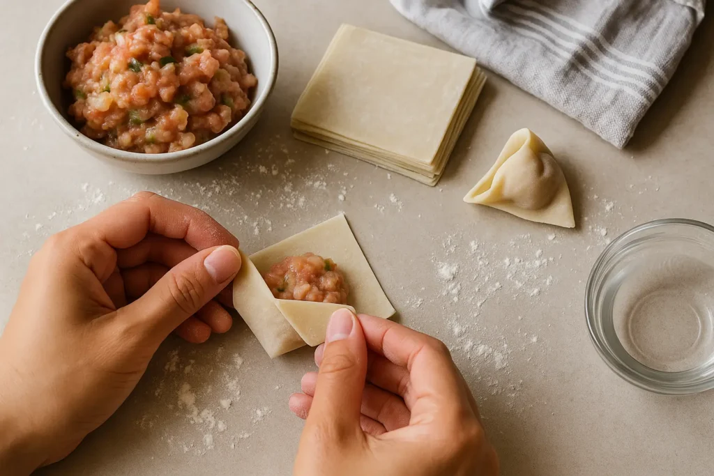Close-up of hands folding homemade wontons on a floured kitchen surface