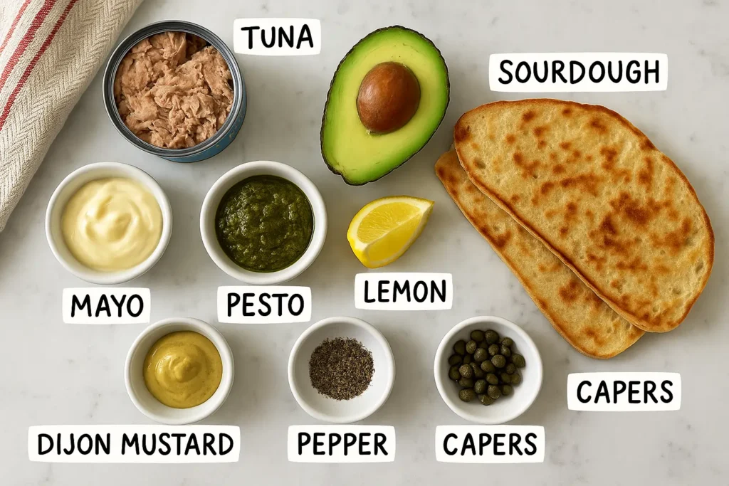 Neatly arranged flat lay of avocado, tuna, lemon, mayo, pesto, and sourdough, each with handwritten-style labels