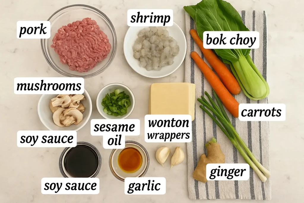 Flat lay with pork, shrimp, vegetables, and wonton wrappers labeled in handwritten style