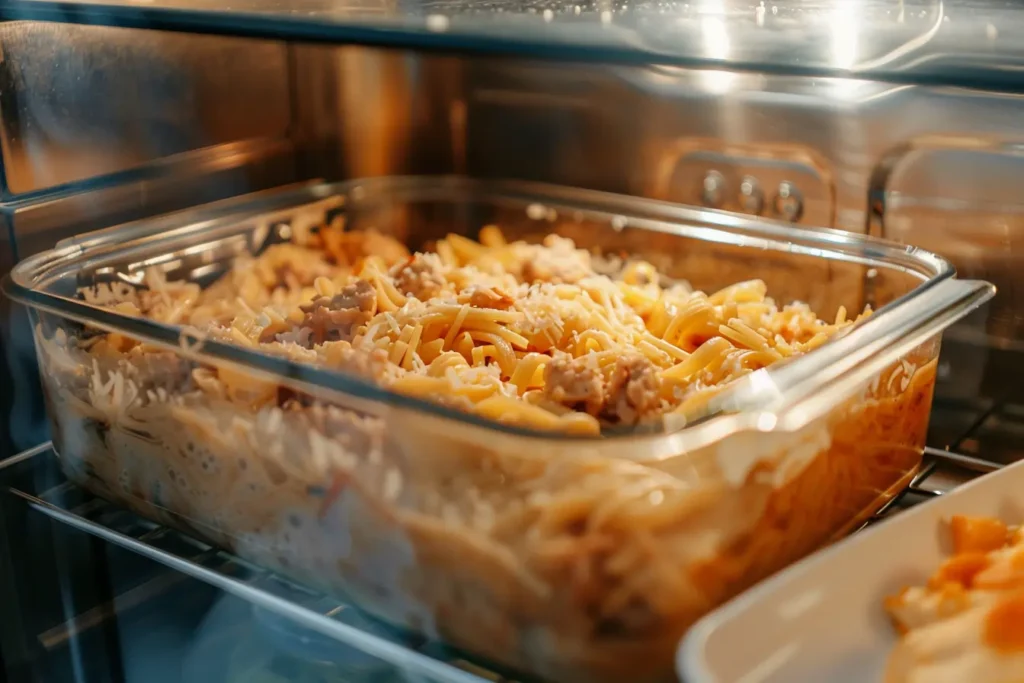 Glass container of leftover tuna tetrazzini with condensation on the lid inside a home refrigerator