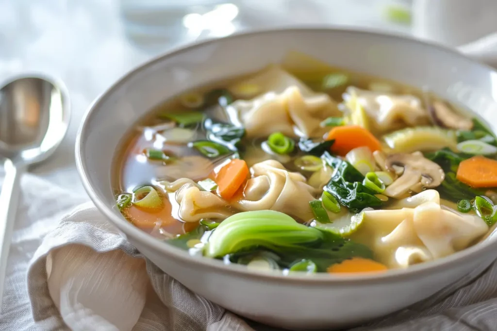 Small portion of subgum wonton soup with lots of vegetables and clear broth