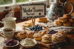 Golden, fluffy master scones stacked on a wooden board with jam and cream
