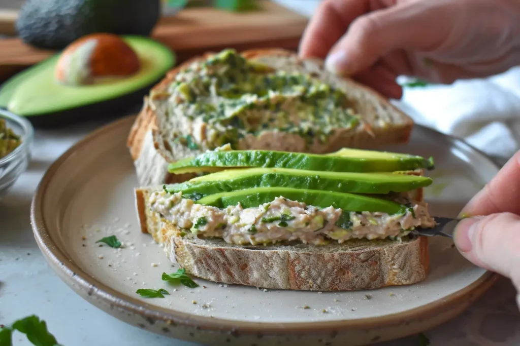 Three containers with tuna mousse, toasted bread, and avocado slices, laid out on a marble surface