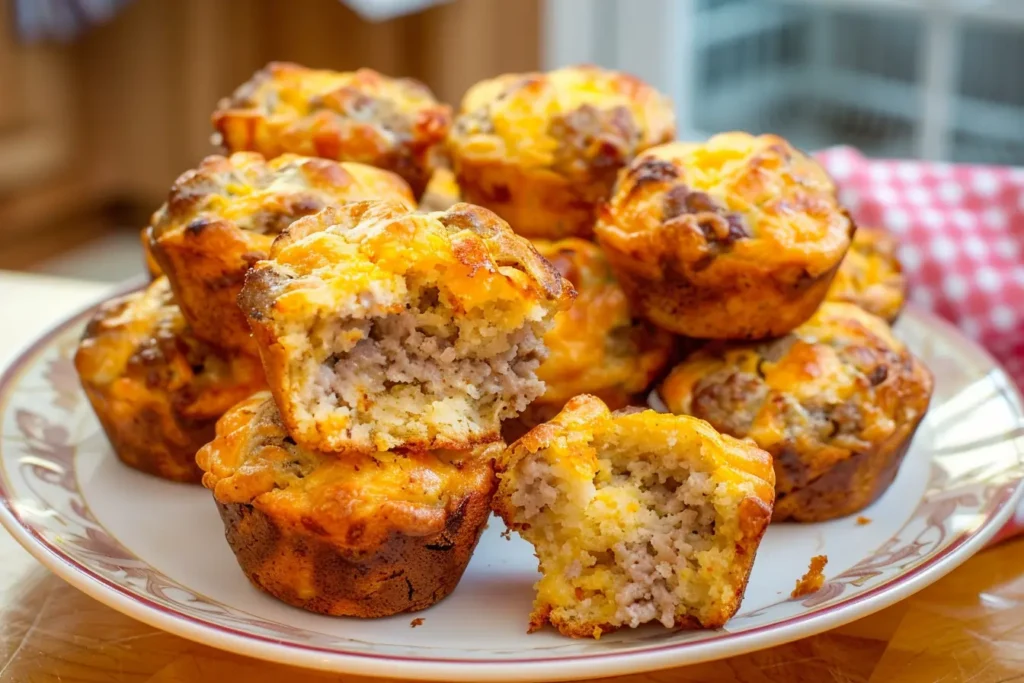 Bisquick sausage muffins cooling on a rack, some being packed into a labeled freezer bag for meal prep.