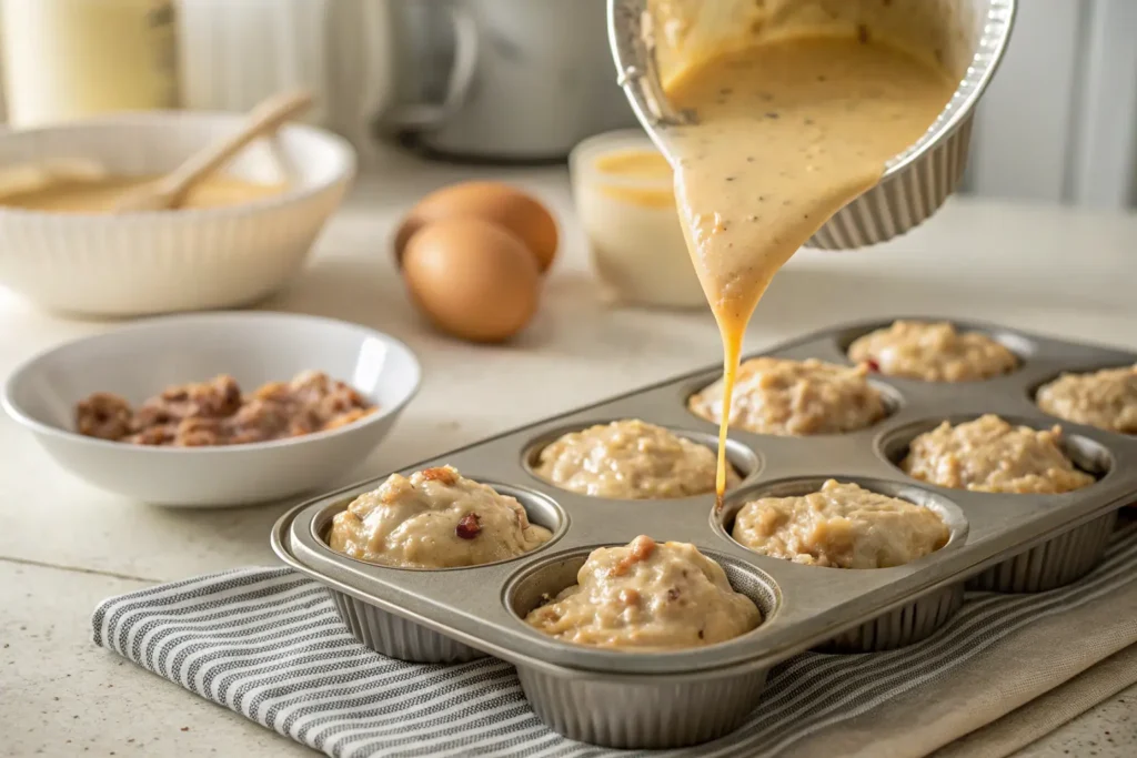 Hands mixing Bisquick sausage muffin batter in a bowl on a kitchen counter, showing the thick, hearty texture.