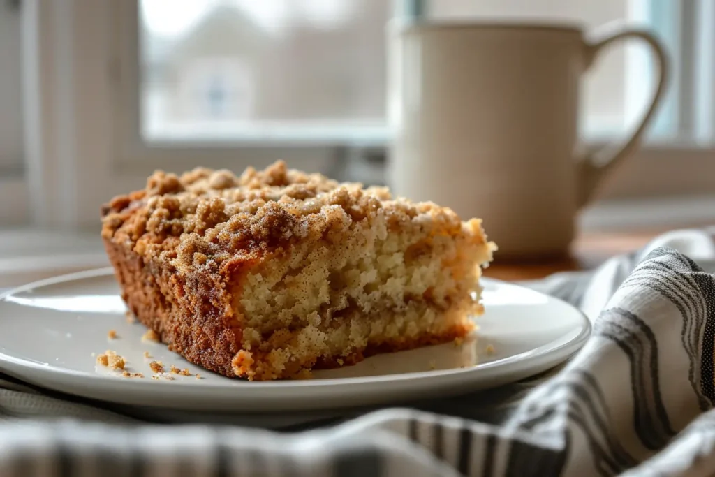 Moist slice of cinnamon coffee cake with crumb topping and golden edge