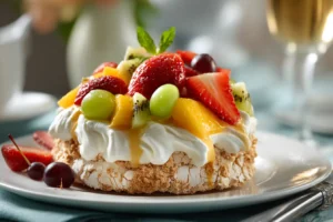 Whole Mostachon Cake topped with strawberries, kiwi, grapes, and mango