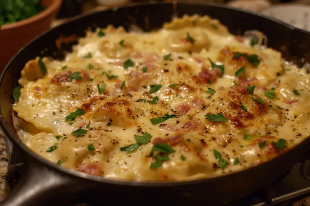 Overhead view of creamy olive garden ravioli carbonara topped with bacon and parsley