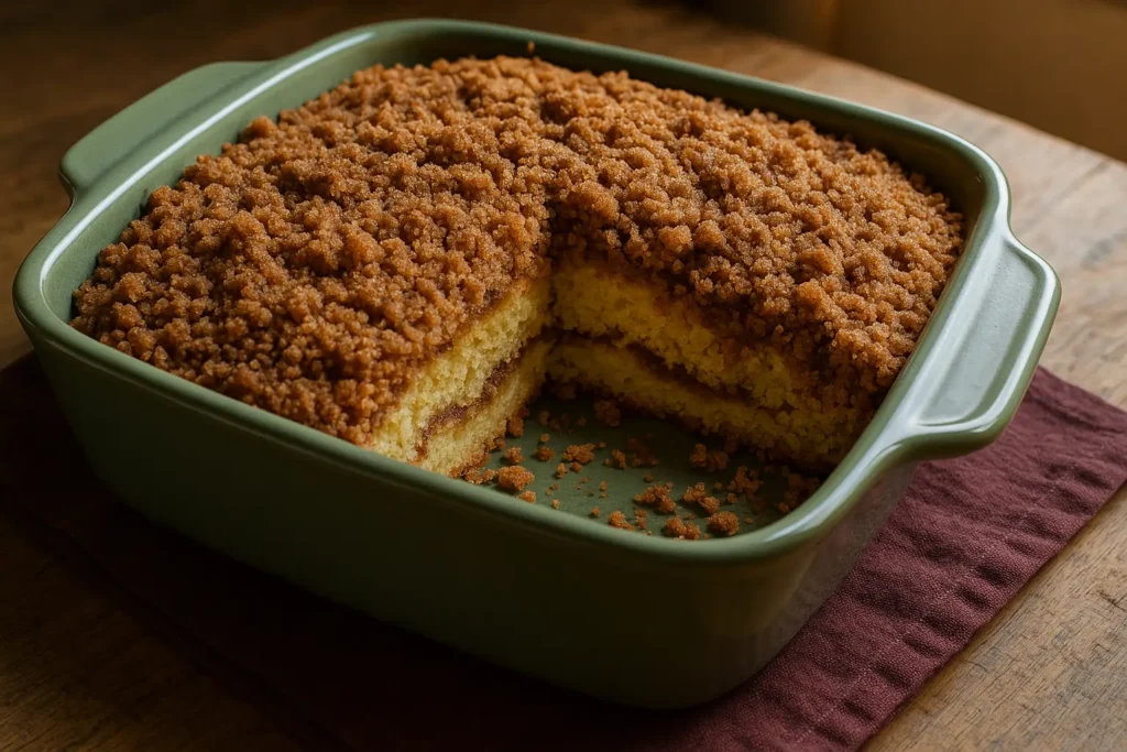 Cinnamon sugar coffee cake with streusel topping in green dish, one slice removed