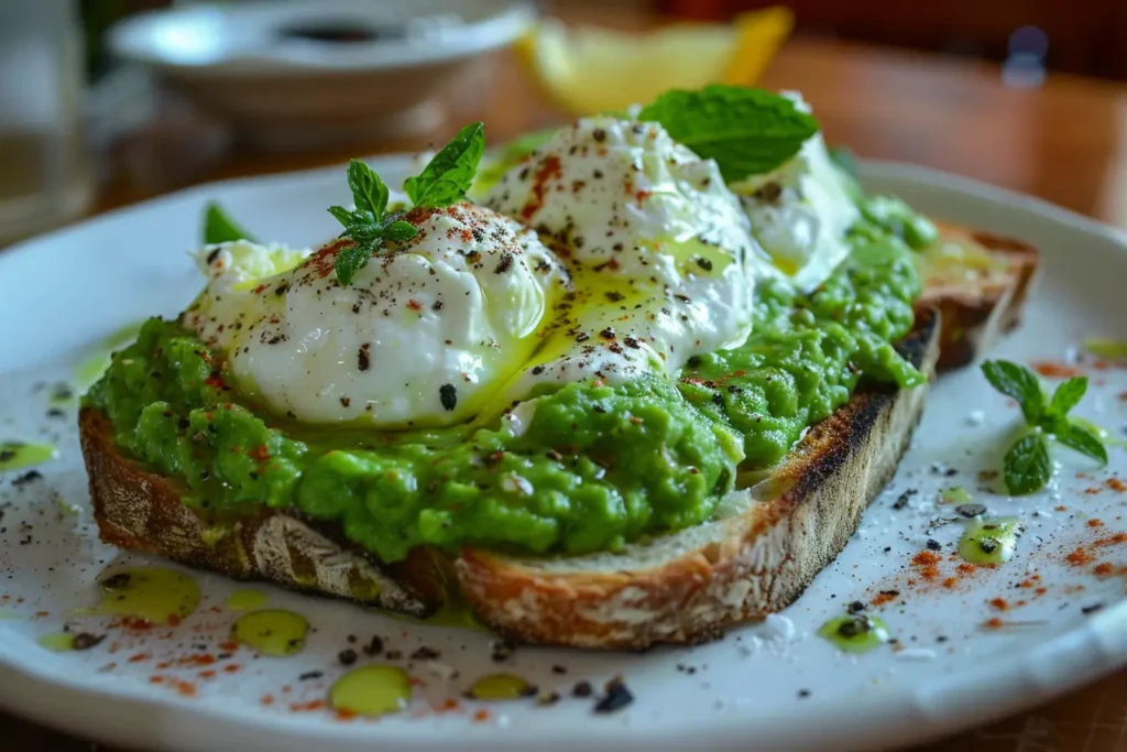 Sourdough toast topped with pea purée, burrata, and lemon zest