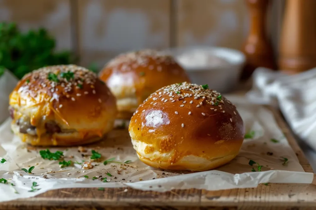 Comparison of golden baked and underbaked cheeseburger bombs side by side