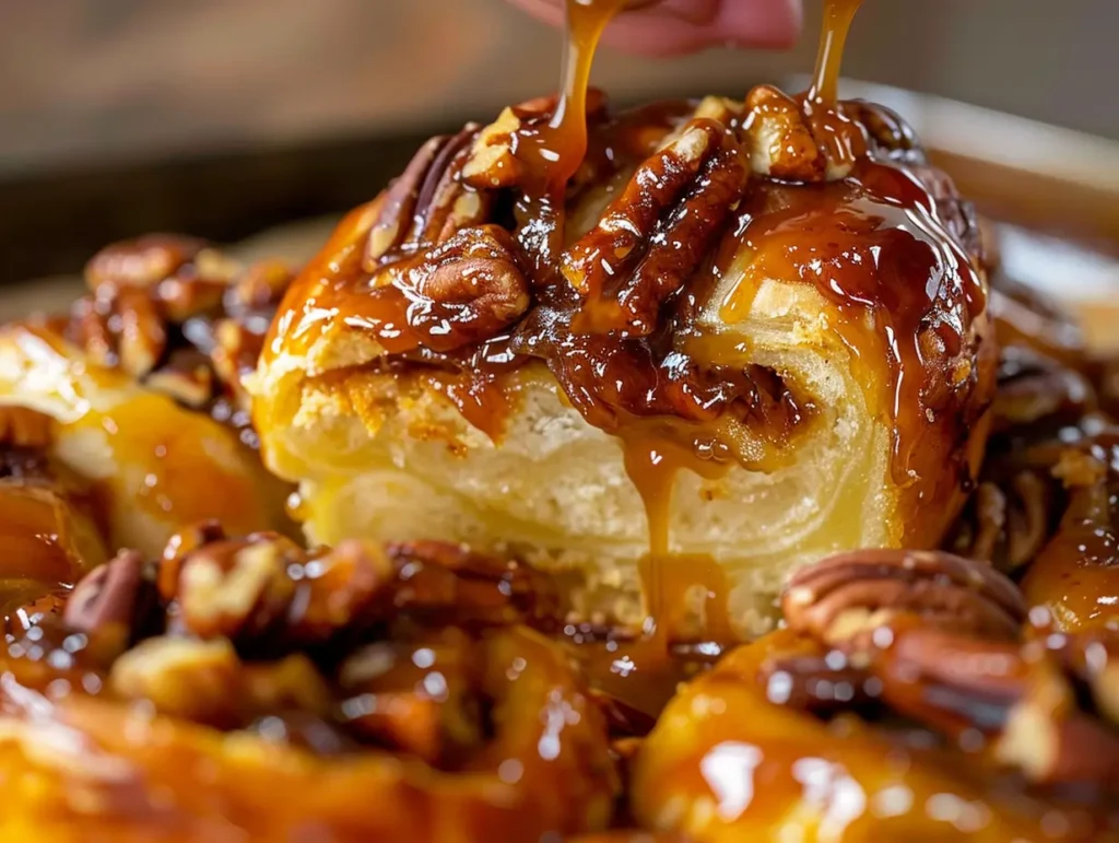 Hands rolling out sticky bun dough and adding cinnamon, sugar, and pecans