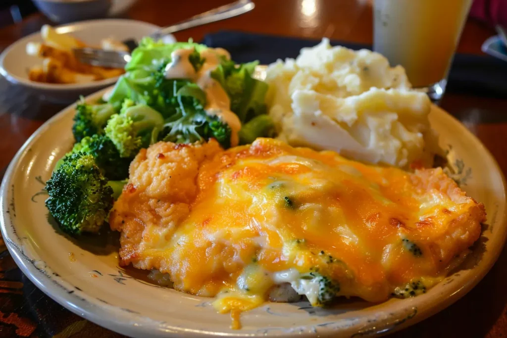 Plate of Cracker Barrel Broccoli Cheddar Chicken with mashed potatoes and salad.