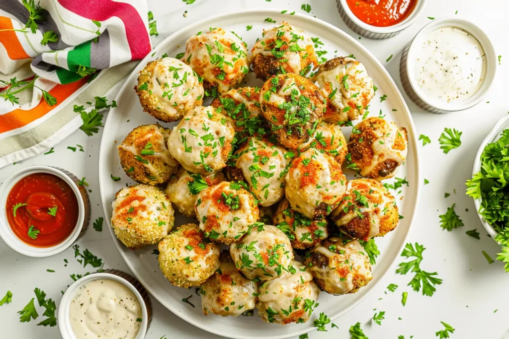 Platter of cheeseburger bombs with dipping sauces and fresh parsley