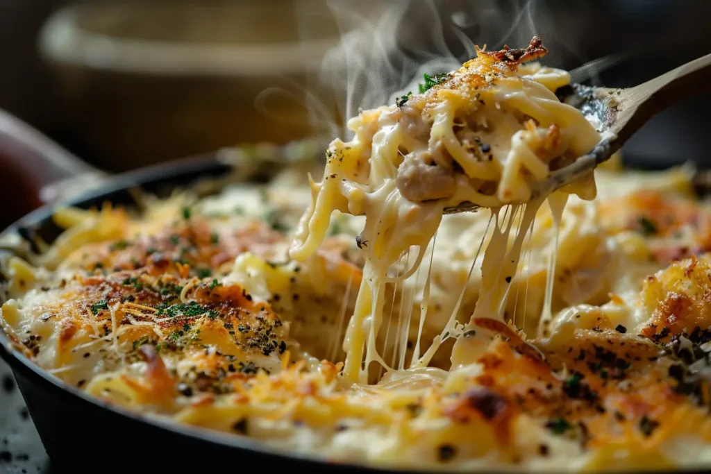 Close-up of cheesy tuna tetrazzini being scooped from a casserole dish with melted cheese stretching