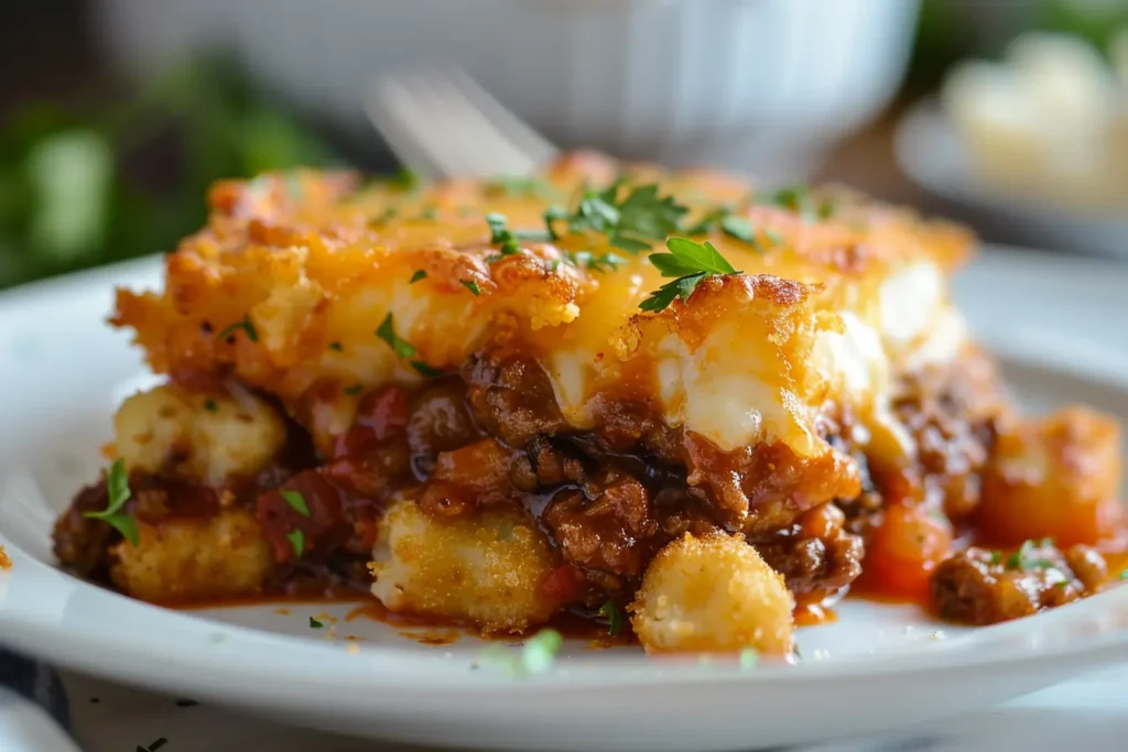 Single portion of sloppy joes tater tot casserole on a white plate with visible layers