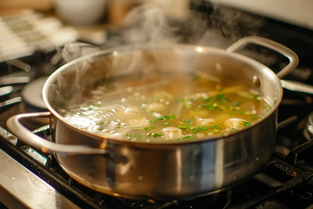 Steamy pot of soup broth with ginger, garlic, and scallions on stovetop