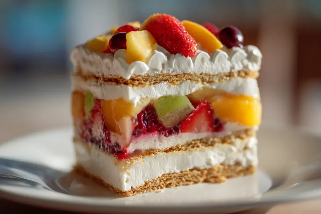Slice of Mostachon Cake showing meringue, cream, and fruit layers