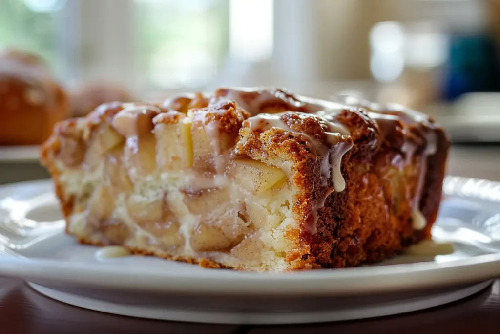 Close-up of sliced Amish Apple Fritter Bread with glaze