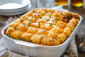Sloppy joes tater tot casserole in a white baking dish with crispy tater tots and cheese