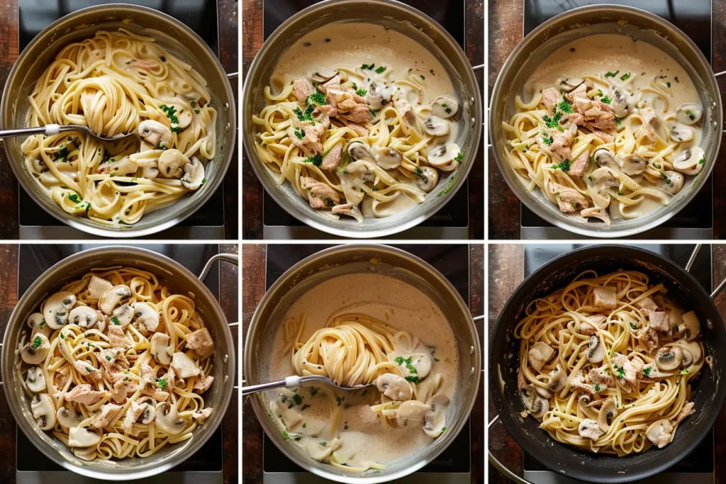 Collage showing stages of tuna tetrazzini preparation including sautéing, sauce-making, mixing, and assembling