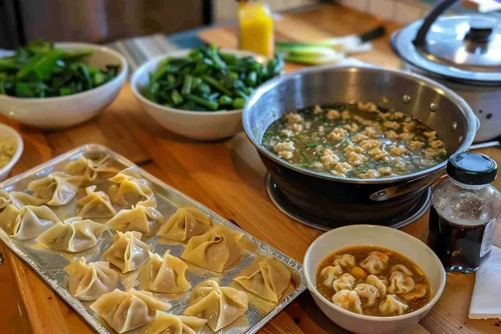 A four-panel storyboard showing homemade subgum wonton soup preparation with folding wontons, simmering broth, and layering ingredients