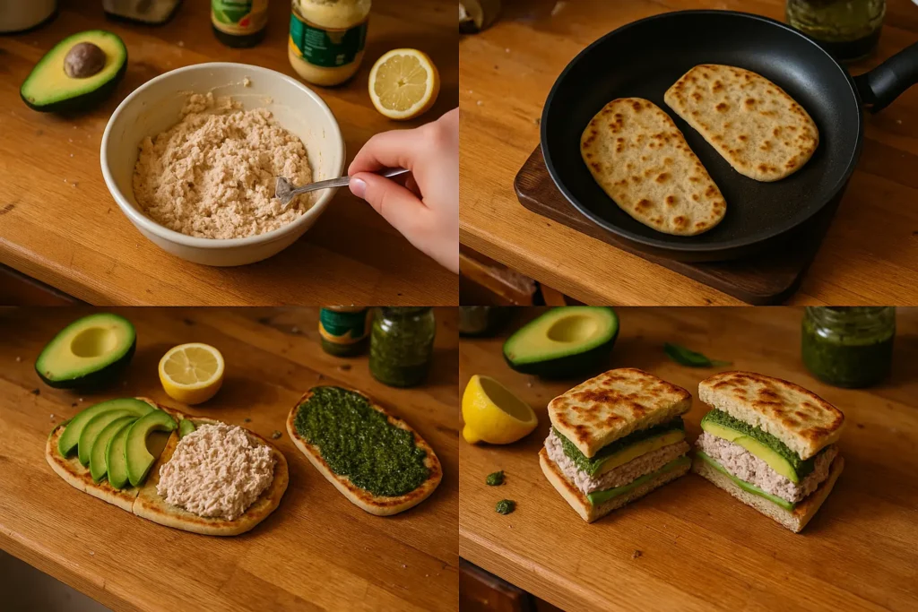Four images side by side showing tuna being mixed, bread toasted, sandwich layered, and final product sliced