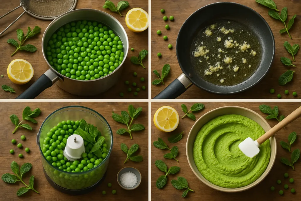 Visual prep stages of making pea purée, from boiling to blending