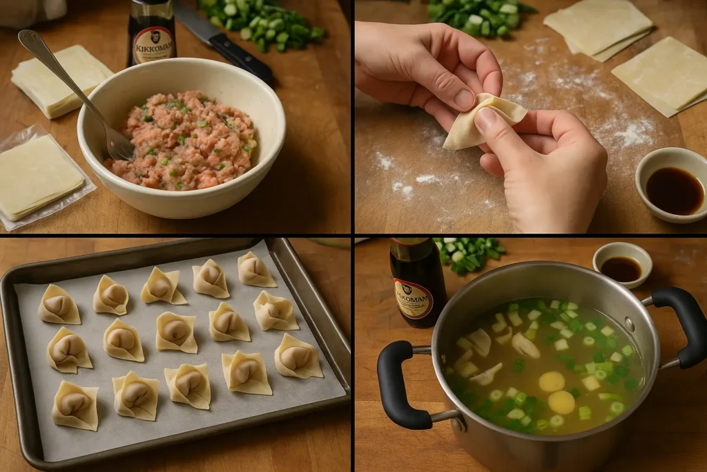 A storyboard showing filling, folding, simmering, and layering subgum wonton soup