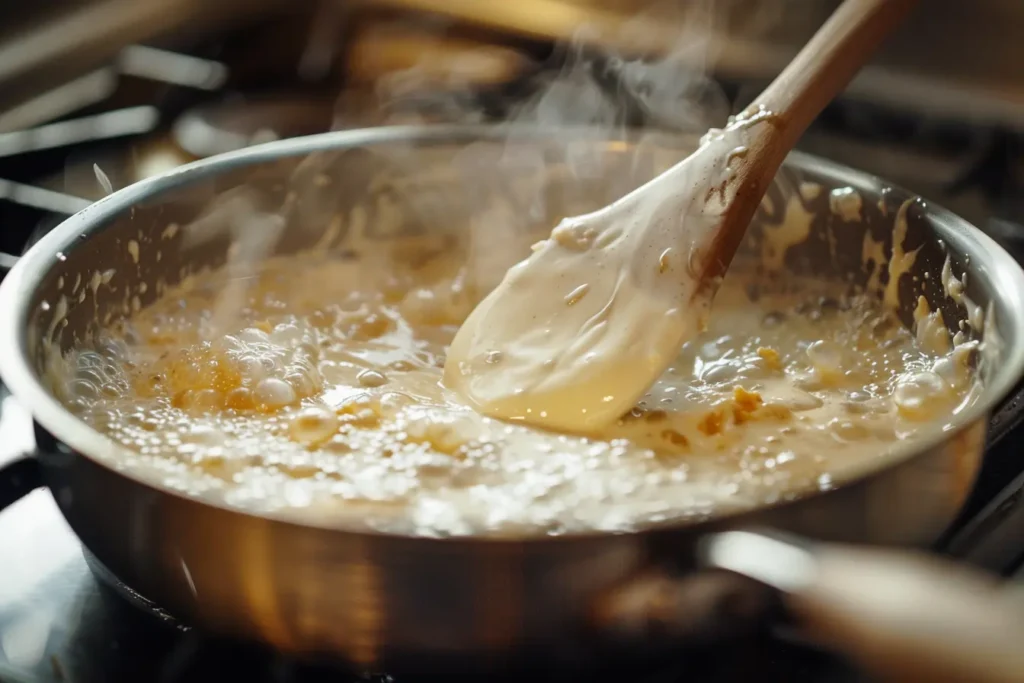 Wooden spoon stirring bubbling cream sauce in a pan for tuna tetrazzini