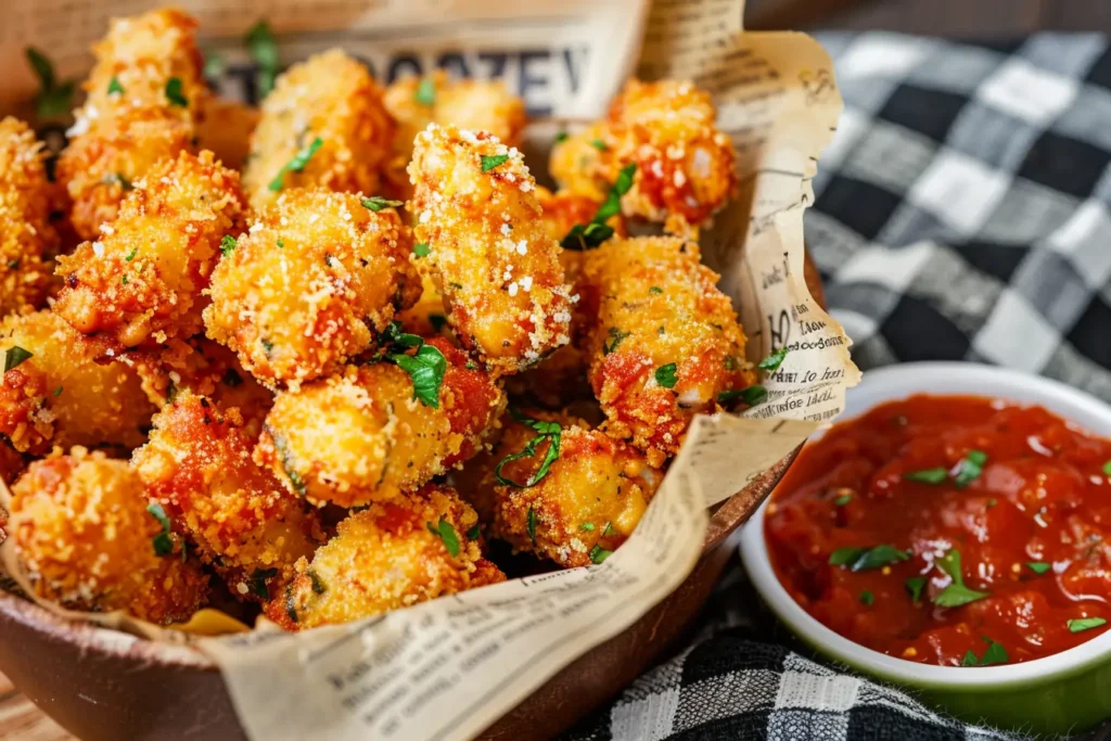 Platter of golden crispy stuffed ziti fritta with marinara and Alfredo sauces