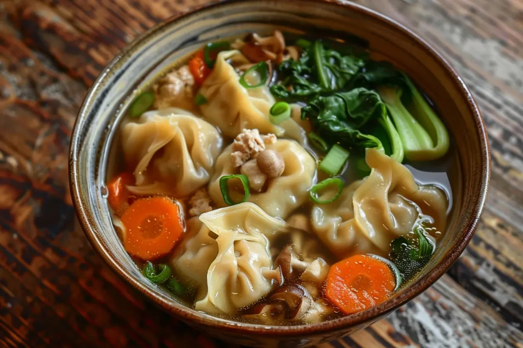 A large bowl of subgum wonton soup with shrimp, pork wontons, and vegetables in broth