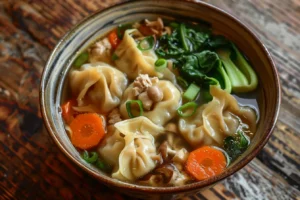 A large bowl of subgum wonton soup with shrimp, pork wontons, and vegetables in broth