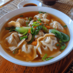 A large bowl of homemade subgum wonton soup with shrimp, pork wontons, bok choy, and colorful vegetables in broth