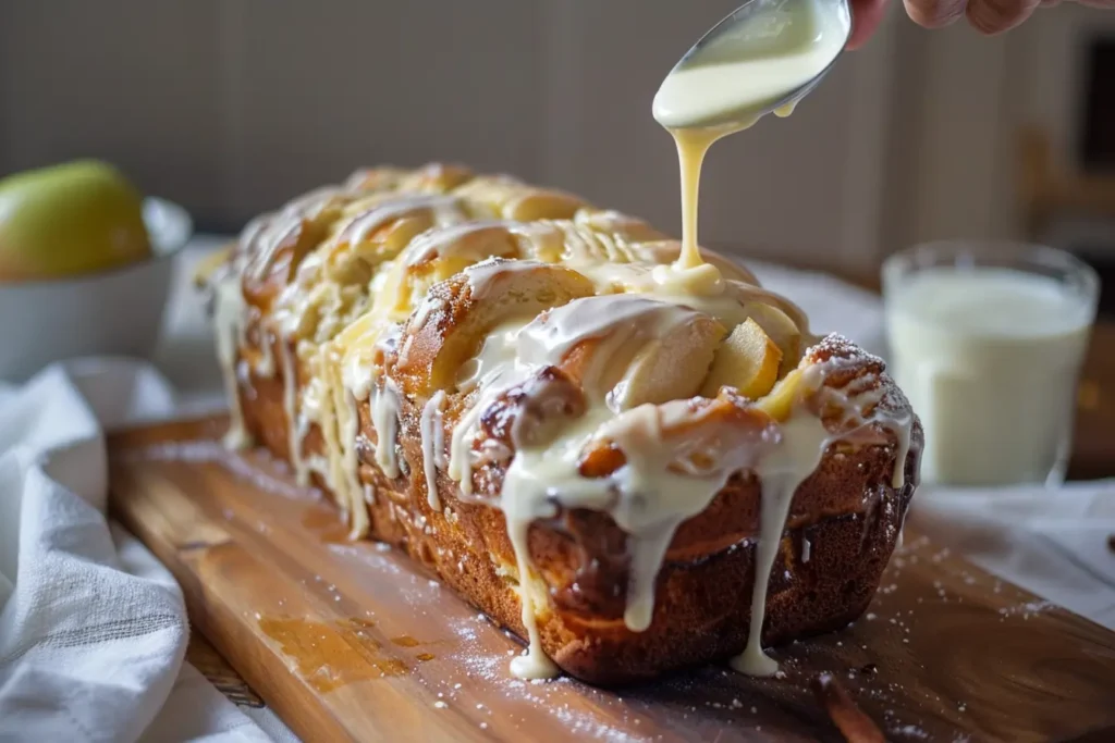 Spiced apples spread evenly over apple fritter bread
