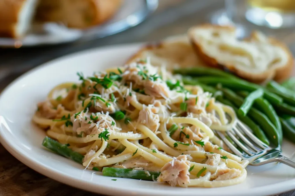 Plate of tuna tetrazzini served with garlic bread and green beans on a cozy dinner table