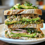 Overstuffed Tunacado sandwich with tuna mousse, avocado slices, and pesto on toasted flatbread
