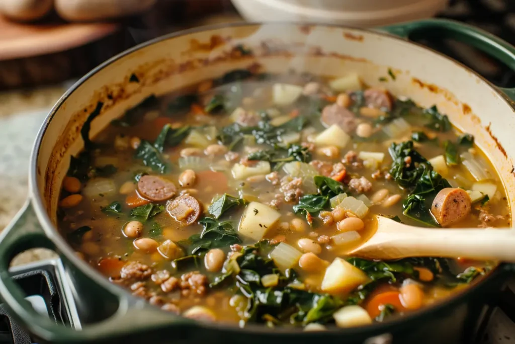 Steaming bowl of turnip green soup with beans and sausage, served with cornbread