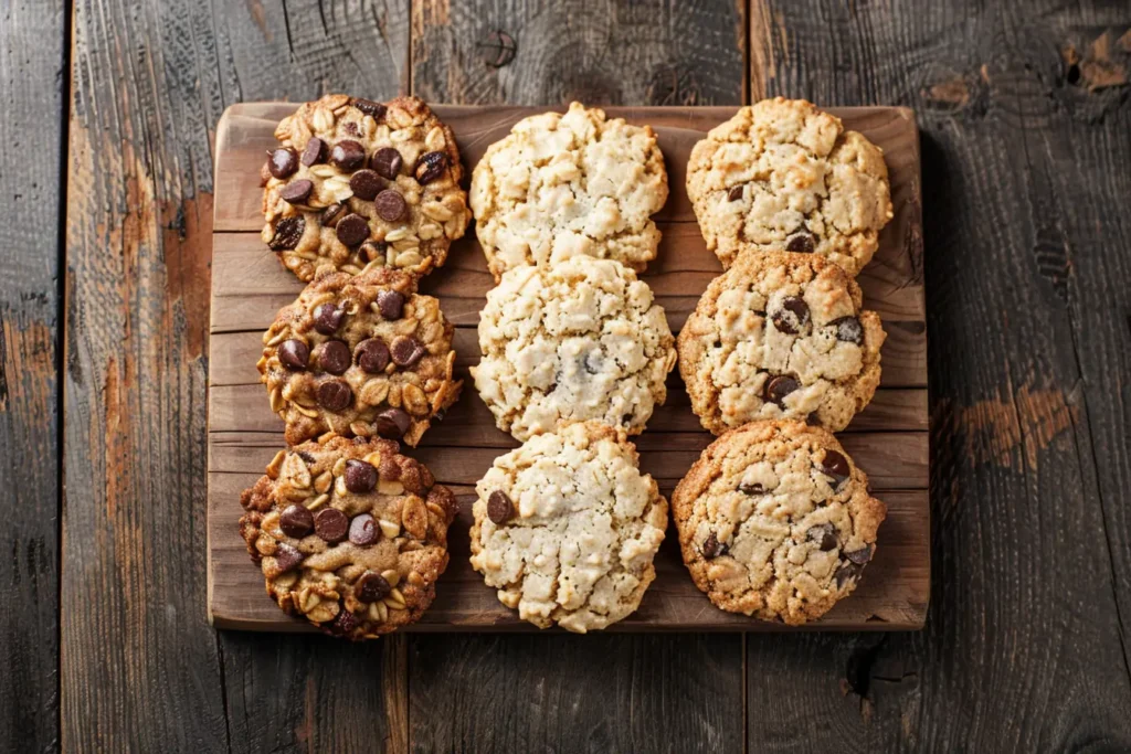 Assortment of vanishing oatmeal cookies—raisin, chocolate chip, coconut, and nut—on a wooden board.