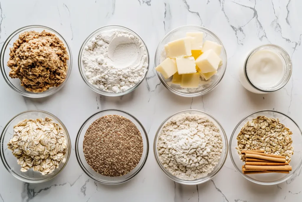 All the ingredients for vanishing oatmeal cookies—oats, butter, sugars, eggs, vanilla, flour, cinnamon, baking soda, salt, raisins—arranged on a kitchen counter.