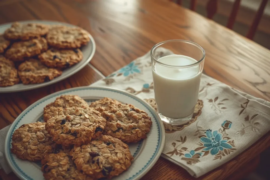 A plate of vanishing oatmeal cookies arranged neatly with a glass of milk on a kitchen table.
