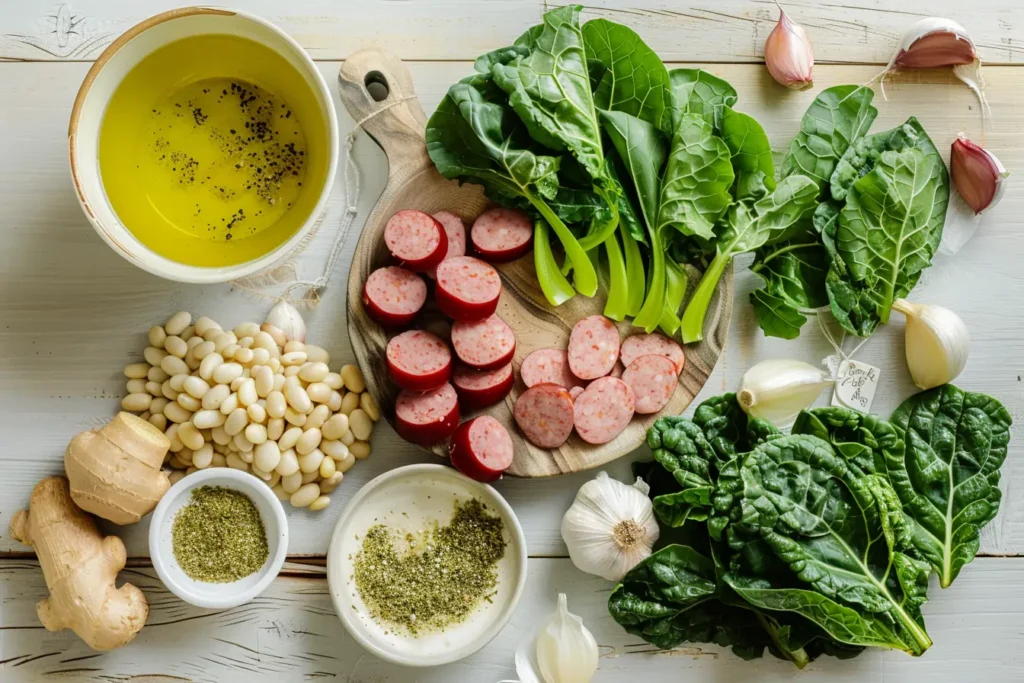 Turnip green soup simmering with sausage, beans, and greens in a Dutch oven