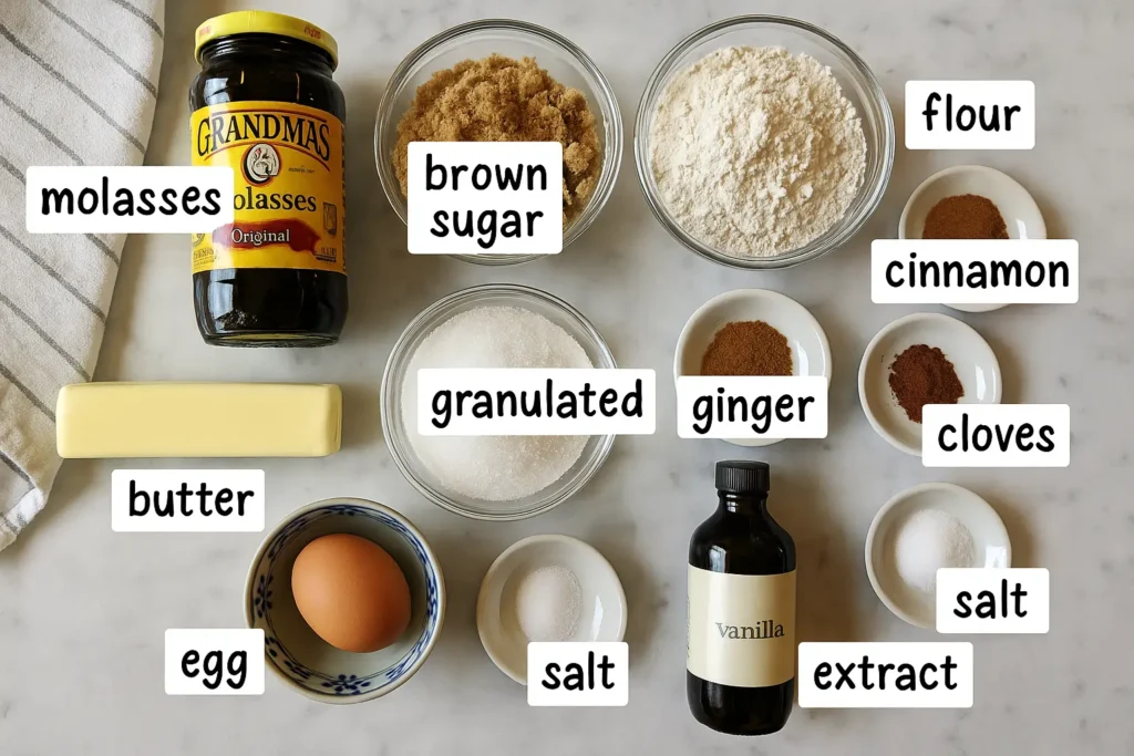 Flat lay photo of molasses crinkle cookie ingredients labeled on a marble counter