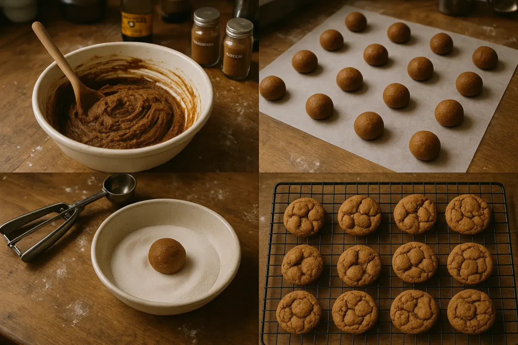 Visual prep stages of molasses crinkle cookies: mixing dough, rolling, sugar coating, and baking