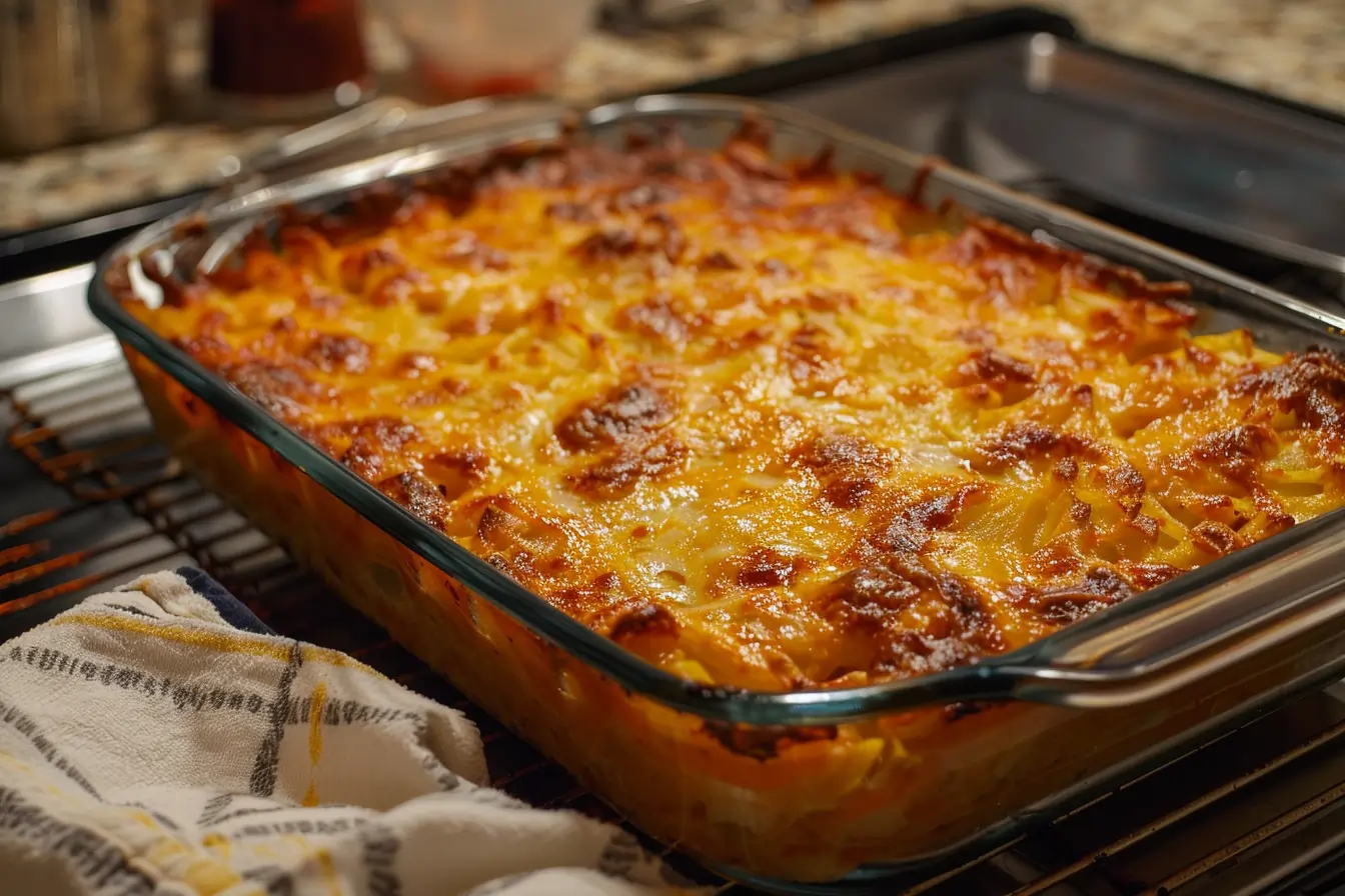 Cheesy Hashbrown Casserole in Baking Dish – Fresh from Oven