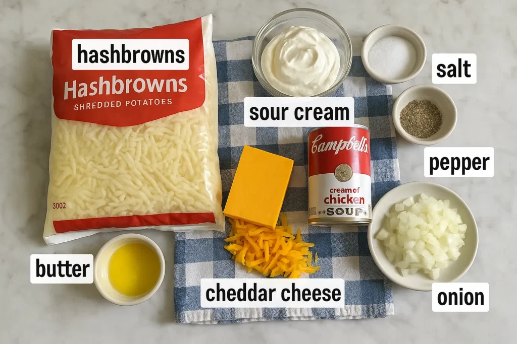Flat lay photo of ingredients for Copycat Cracker Barrel Hashbrown Casserole on a marble counter, taken with a phone camera