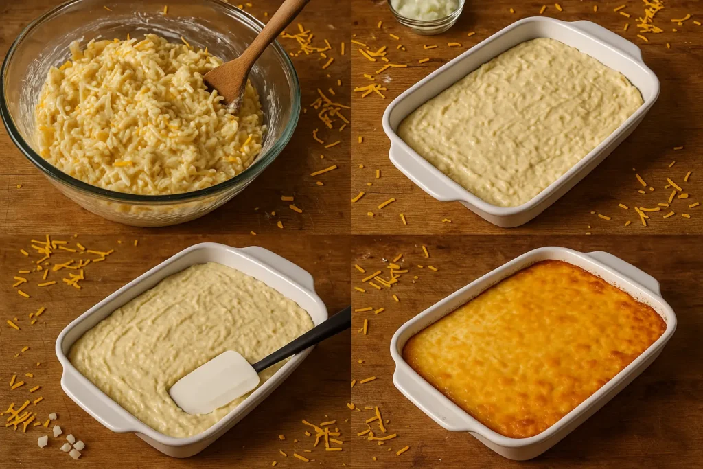 Amateur storyboard photo showing the mixing, layering, and baking of copycat Cracker Barrel hashbrown casserole