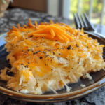 Homemade copycat Cracker Barrel hashbrown casserole with melted cheese and golden crust