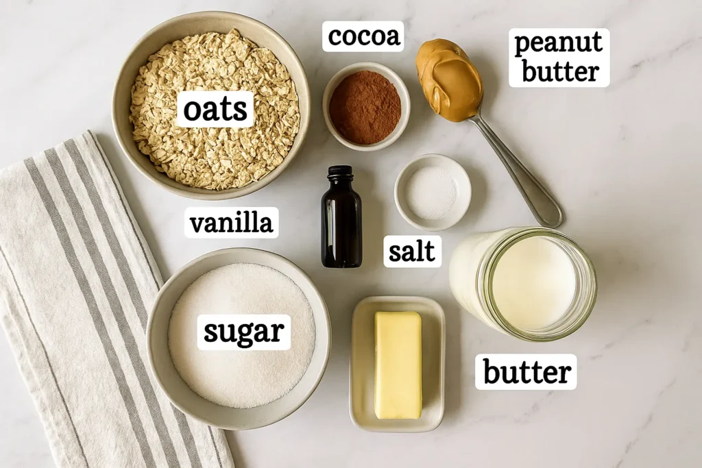 Labeled ingredients for no bake preacher cookies arranged on marble counter