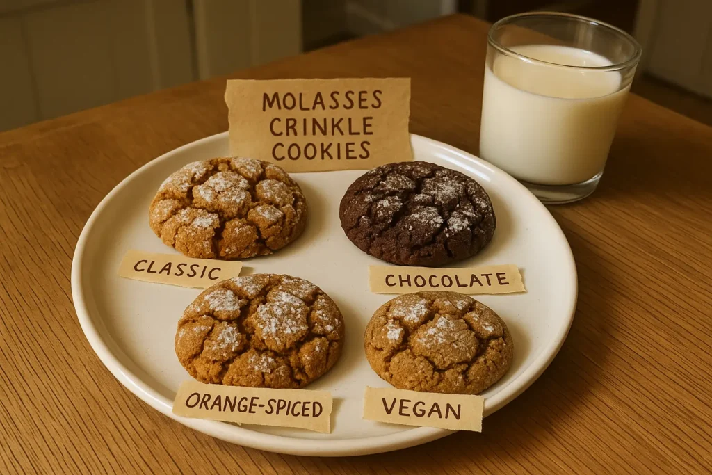 Overhead shot of four different molasses crinkle cookie styles: classic, chocolate, orange-spiced, vegan